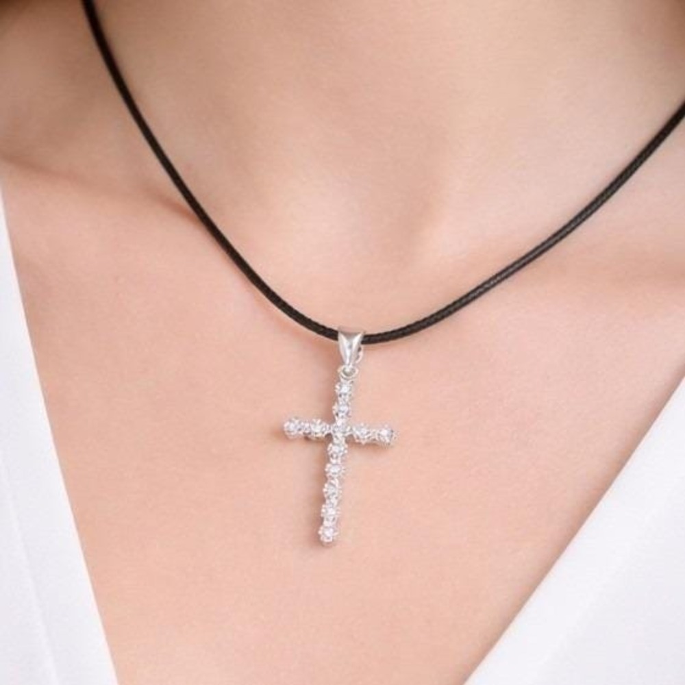 Vintage 925 Sterling Silver Cross Pendant Clear Stone Black Cord